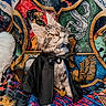 cat, kitten, gray_cat, fluffy, long_hair, pet, animal, cape, costume, collar, blue_collar, sitting, portrait, whiskers, green_eyes, indoor, blanket, colorful, fantasy, halloween