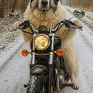 Thanos a rejoint le concours — aidez-le/la à gagner de superbes lots ! adventure, animal, canine, dog, forest, fur, handlebars, headlight, motorcycle, nature, outdoor, paw, pet, road, snow, tire, travel, trees, vehicle, winter