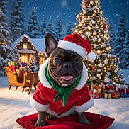 Taco is registered to the contest to win money with this photo: dog, french_bulldog, santa_hat, christmas_outfit, red_cushion, snow, winter, christmas_tree, decorations, lights, presents, cabin, snowfall, festive, holiday, smiling, outdoor, celebration, scarf, cute