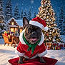 dog, french_bulldog, santa_hat, christmas_outfit, red_cushion, snow, winter, christmas_tree, decorations, lights, presents, cabin, snowfall, festive, holiday, smiling, outdoor, celebration, scarf, cute