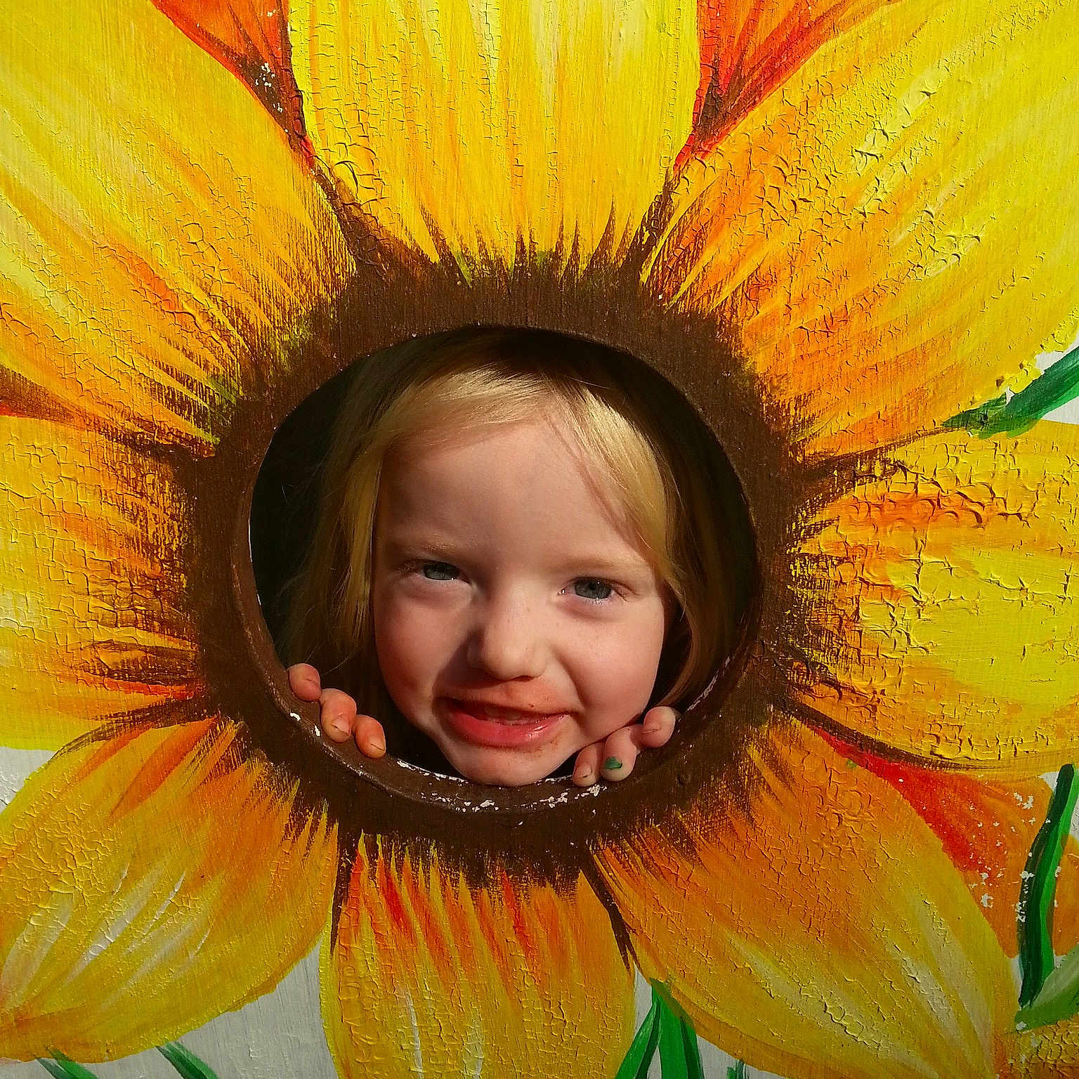 Kadince is registered to the contest to win money with this photo: child, close_up, flower, flowering_plant, happy, iris, orange, person, petal, plant, plant_stem, pollen, smile, sunflower, wildflower, yellow