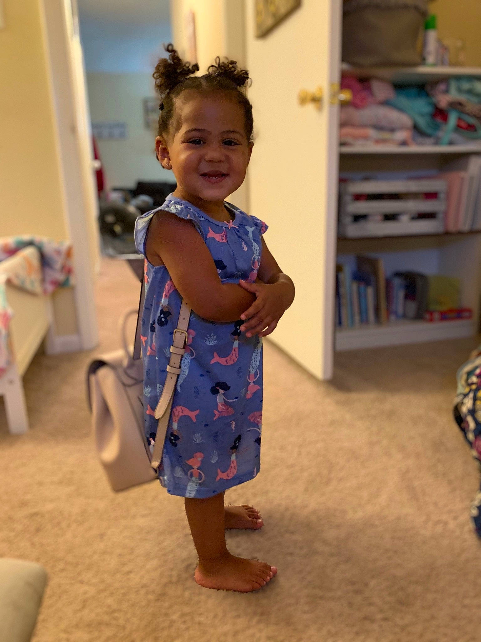 Peyton joined the competition — help win amazing prizes! baby, child, dress, flooring, joy, person, room, shoulder, skin, standing, toddler, vacation