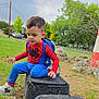 Zion Wesley joined the competition — help win amazing prizes! child, toddler, outdoor, grass, tree, spiderman_costume, backpack, utility_box, shoe, sidewalk, rock, cloudy_sky, park, curious, sitting, red, blue, green, nature, casual