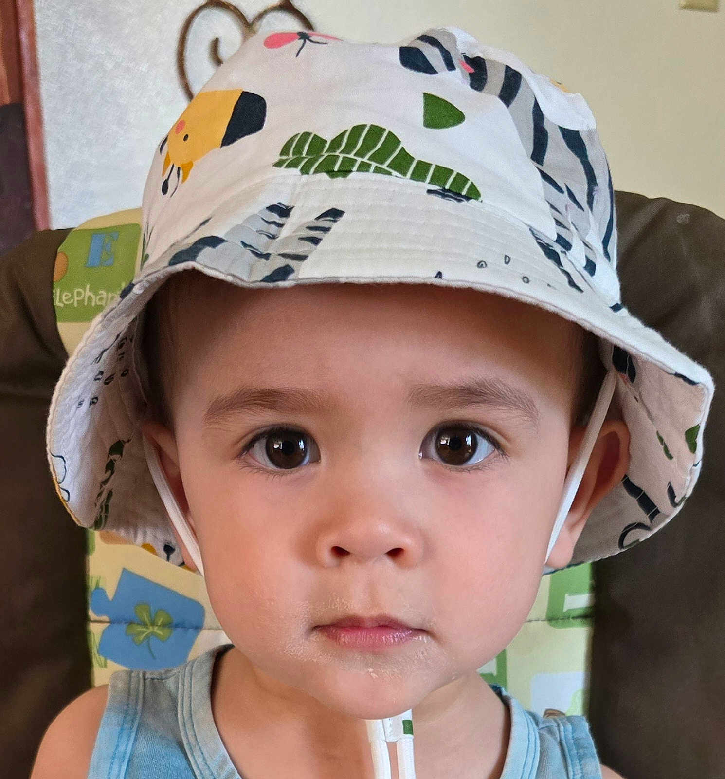 Zion Wesley is registered to the contest to win money with this photo: toddler, child, face, hat, bucket_hat, clothing, pattern, animal_print, eyes, portrait, indoor, cushion, furniture, curious, expression, skin, headwear, baby, closeup, person