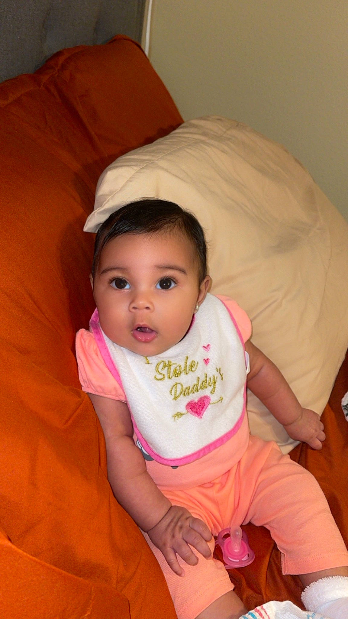 Xíomara is registered to the contest to win money with this photo: baby, baby_toddler_clothing, cheek, child, chin, comfort, eye, eyebrow, face, fun, head, iris, linens, lip, mouth, nose, person, pink, skin, sleeve