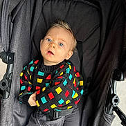 Sinaï a rejoint le concours — aidez-le/la à gagner de superbes lots ! baby, child, stroller, colorful_sweater, blue_eyes, curly_hair, seatbelt, gray_fabric, infant, outdoor, portrait, cute, casual_clothing, comfort, person, young_child, bright_colors, knitted_sweater, looking_up, seated