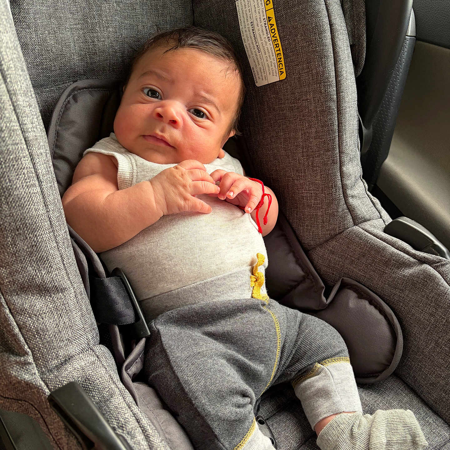 Alexander joined the competition — help win amazing prizes! baby, infant, car_seat, gray, clothing, person, child, indoor, cute, young, seatbelt, car, sitting, portrait, newborn, soft_lighting, red_bracelet, fabric, relaxed, expression