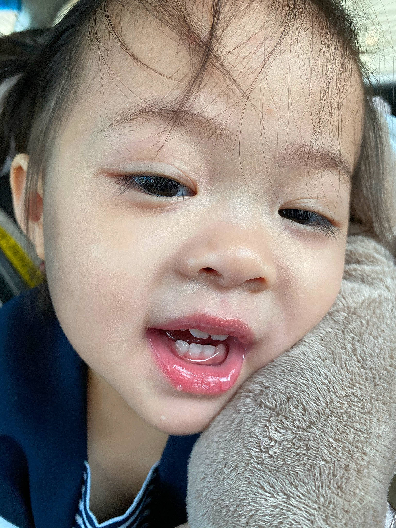 Jolie is registered to the contest to win money with this photo: blue, cheek, child, chin, ear, eyebrow, eyelash, facial_expression, happy, human, iris, jaw, lip, mouth, neck, nose, person, skin, toddler, tongue