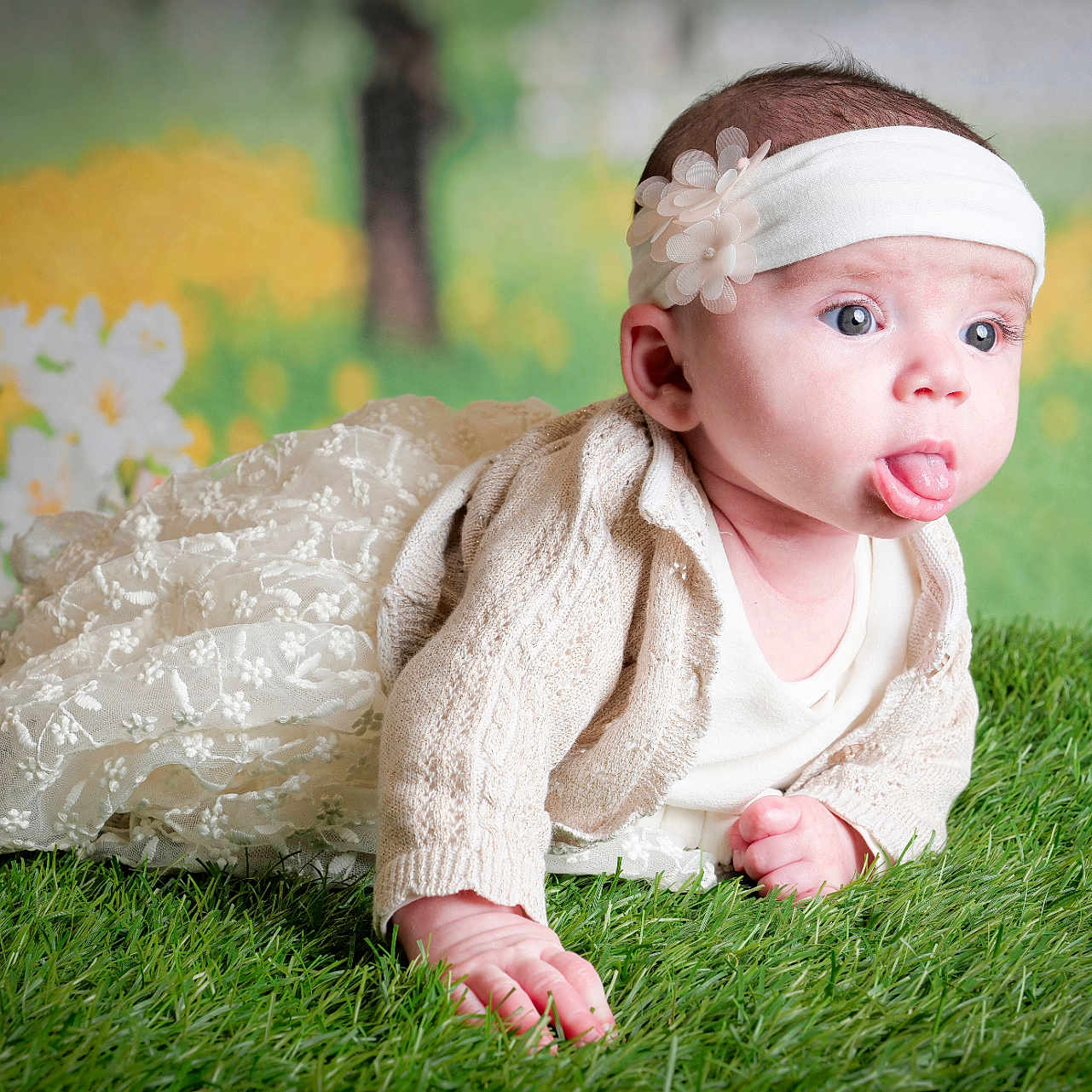 Dénérys participe au concours pour gagner de l'argent avec cette photo : baby, background, child, cute, expression, eyes, face, flower_headband, grass, greenery, hand, headband, infant, knitted_cardigan, lace_dress, outdoor, playful, portrait, skin, tongue_out