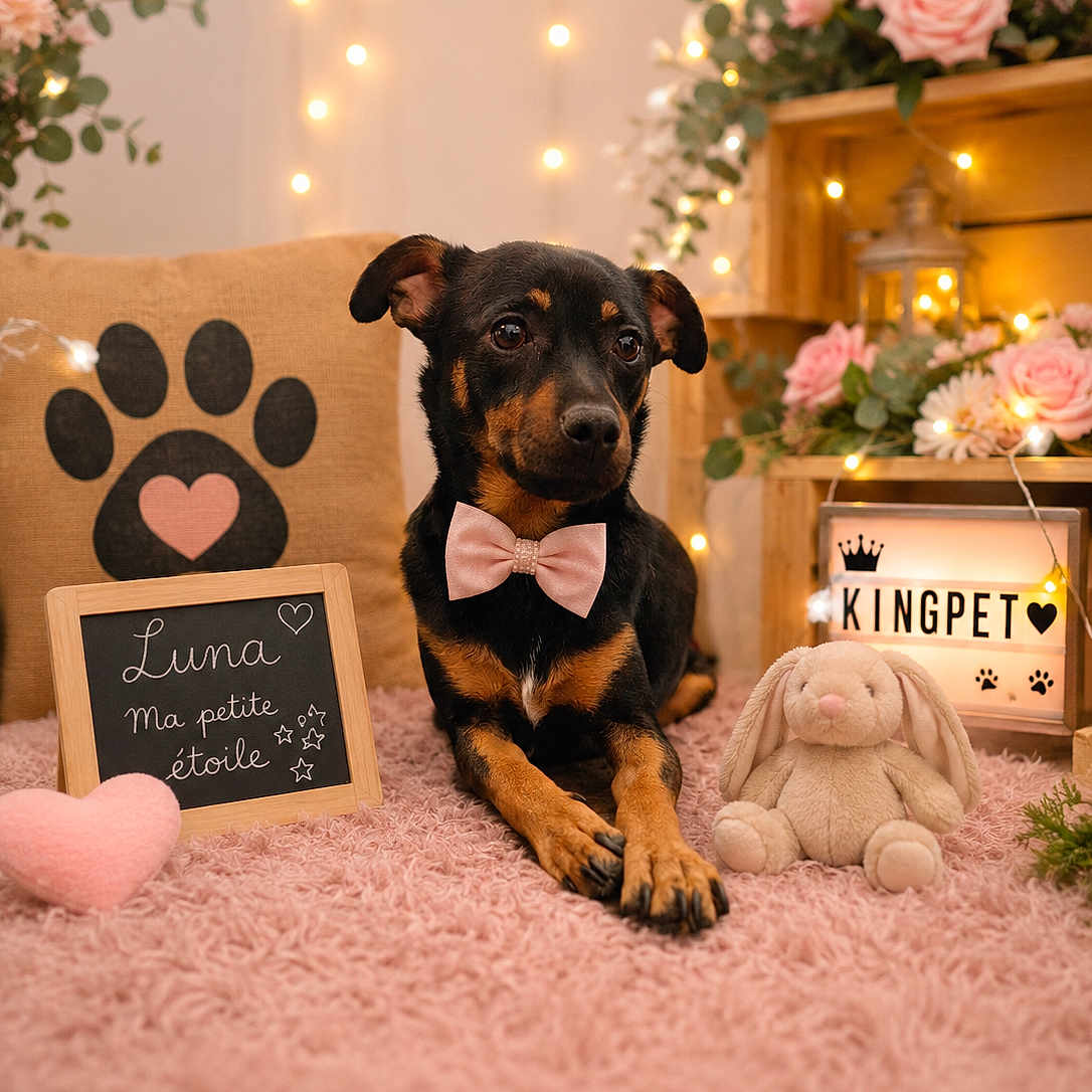 Luna a rejoint le concours — aidez-le/la à gagner de superbes lots ! dog, bow_tie, pink_rug, plush_toy, chalkboard, pillow, flower_arrangement, fairy_lights, lightbox, wooden_crate, pink_decor, cute, pet_portrait, indoor, cozy, small_dog, decor, heart_shape, soft_toy, animal