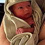Jensen is registered to the contest to win money with this photo: newborn, baby, towel, hooded_towel, infant, person, hand, skin, face, eyes, wrapped, soft, cozy, cradled, nail_polish, adult_hand, closeup, indoor, warm, gentle