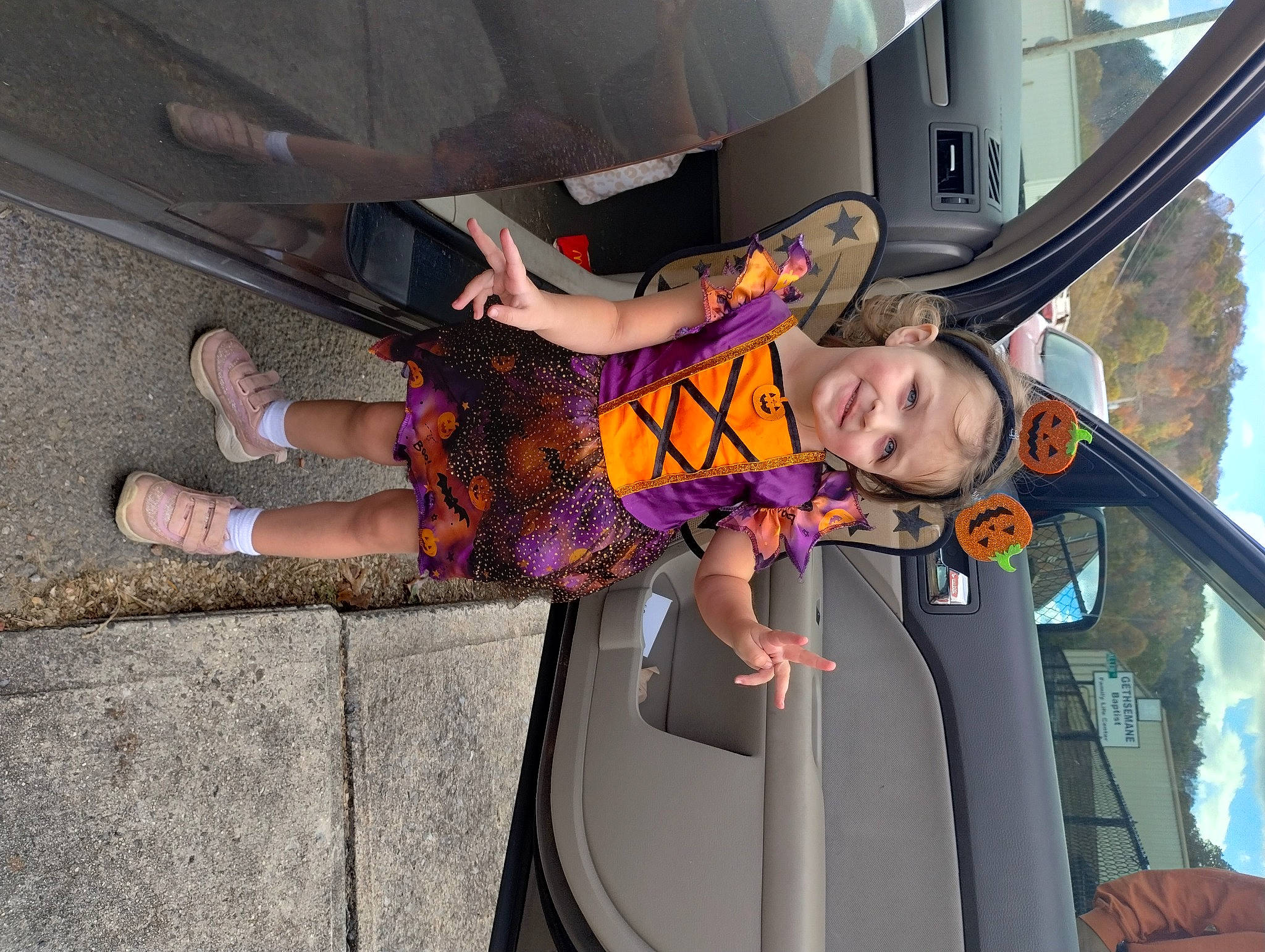 Ember joined the competition — help win amazing prizes! automotive_design, automotive_exterior, automotive_lighting, automotive_tire, bumper, car, door, fun, joy, land_vehicle, motor_vehicle, person, pink, smile, thigh, tire, toddler, tree, trunk, vehicle