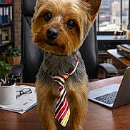 Tank joined the competition — help win amazing prizes! dog, office, desk, tie, laptop, papers, glasses, cityscape, window, chair, pen_holder, plant, wooden_surface, curious, small_dog, indoor, business, pet, working, cute