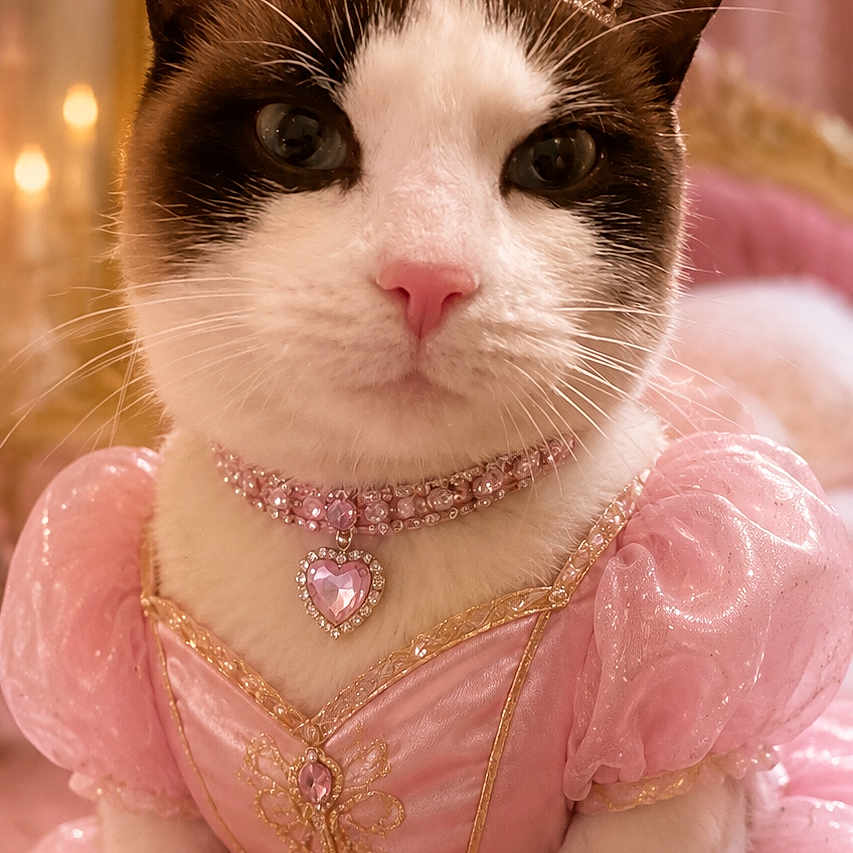 Star joined the competition — help win amazing prizes! cat, pet, animal, portrait, costume, princess, tiara, crown, pink_dress, jewelry, necklace, heart_pendant, formalwear, long_hair, black_and_white, blue_eyes, indoor, chandelier, curtains, royalty