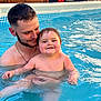 adult, baby, background, blue, child, family, father, happy, love, man, outdoor, parent, pool, skin, smiling, splashing, summer, swimming, toddler, water