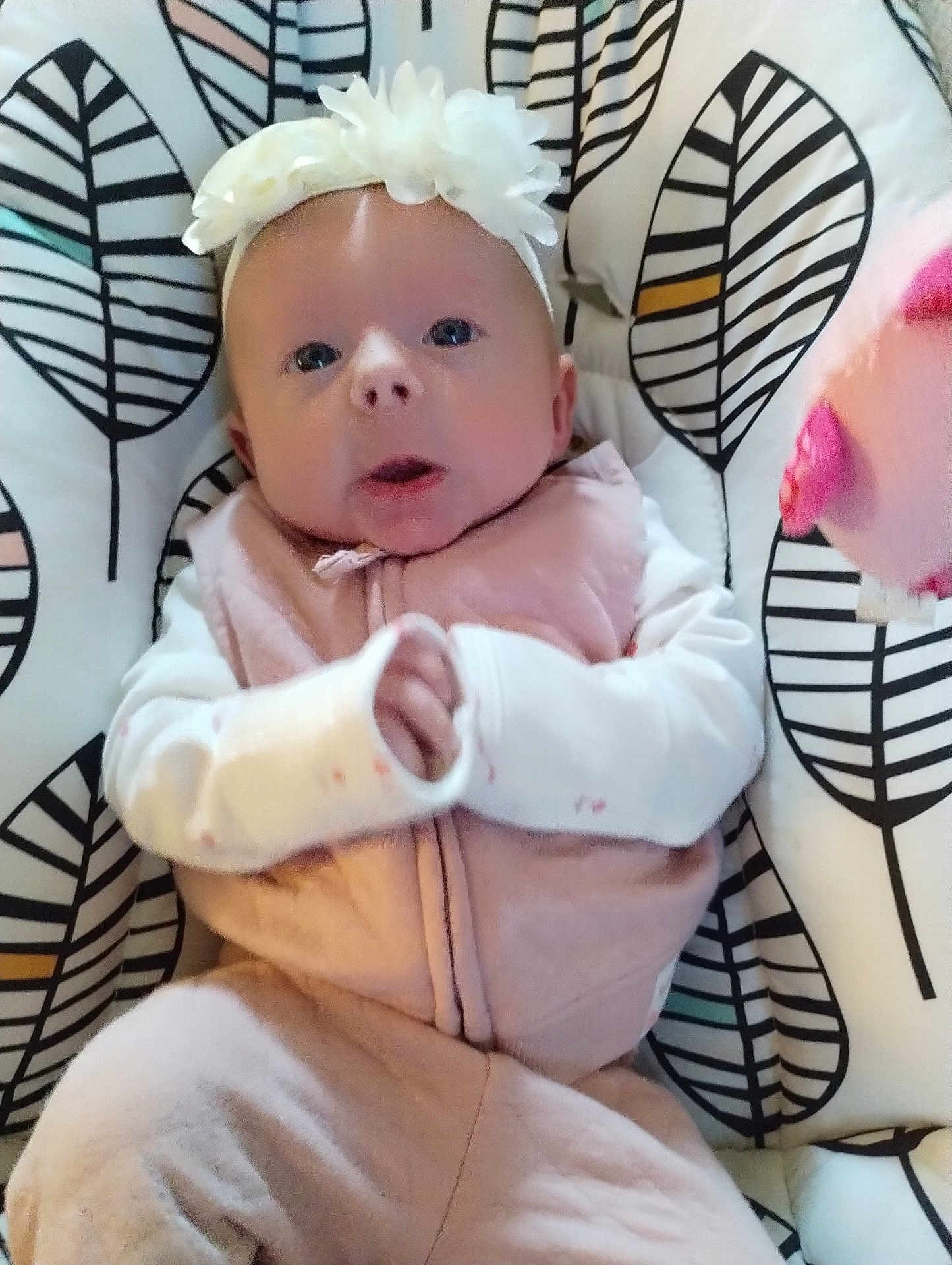 Bailey Lee is registered to the contest to win money with this photo: baby, infant, headband, flower, pink_clothing, white_sleeves, patterned_cushion, leaf_pattern, indoor, person, cute, young_child, portrait, seated, soft_toys, child, expression, closeup, comfort, fabric