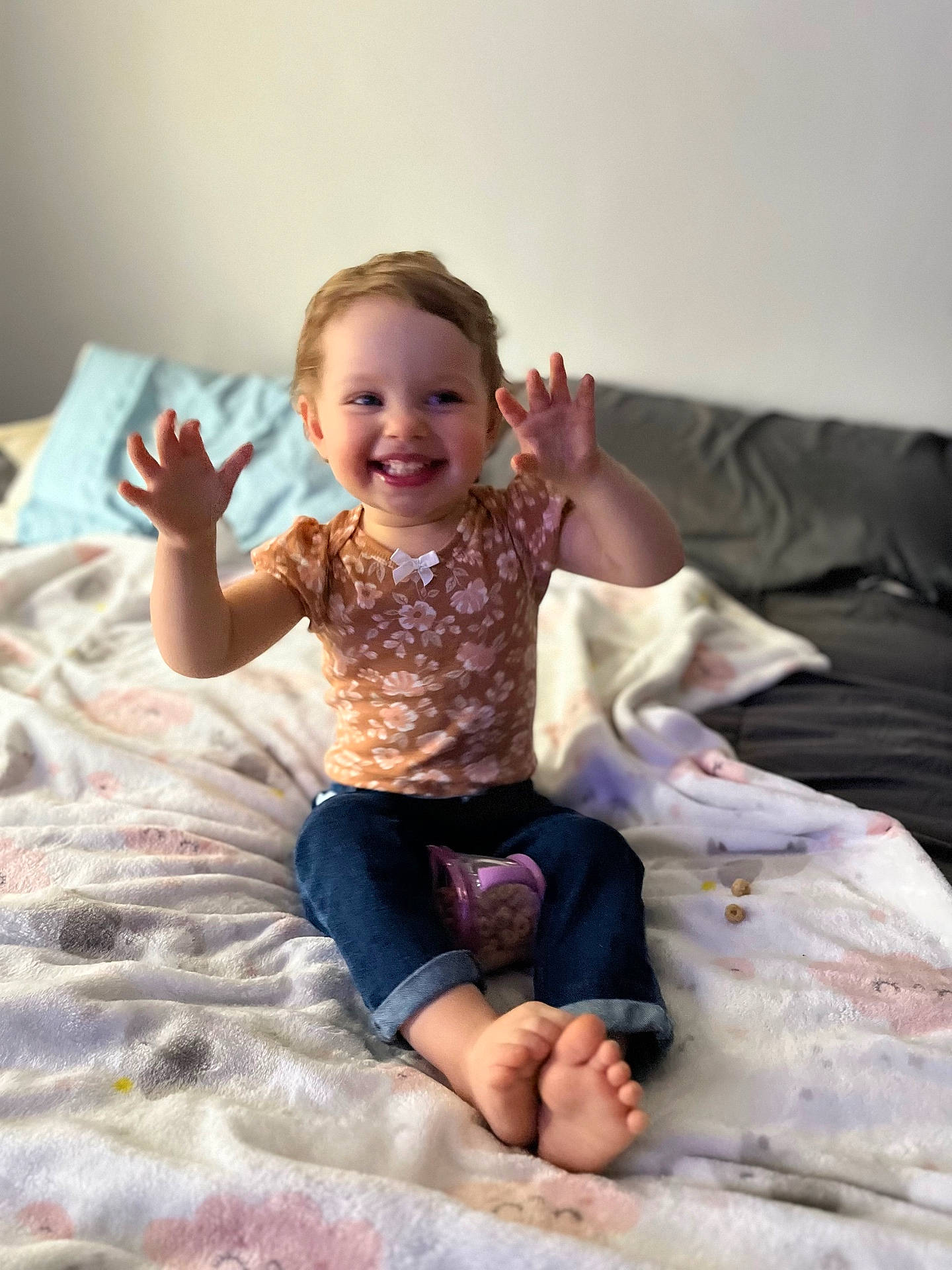 Rosina joined the competition — help win amazing prizes! baby, bed, bedroom, bodypart, clothing, couch, cushion, face, finger, furniture, hand, head, homedecor, indoors, jeans, pants, person, photography, portrait, sitting