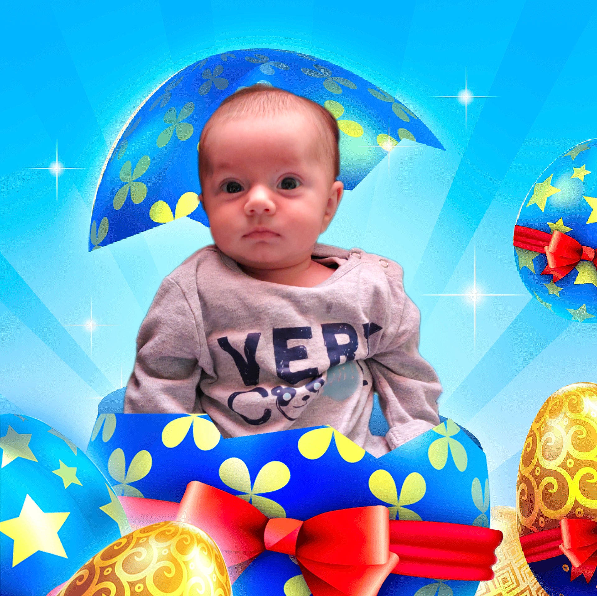 Valérian a rejoint le concours — aidez-le/la à gagner de superbes lots ! art, baby, baby_playing_with_toys, baby_toddler_clothing, balloon, child, cloud, electric_blue, event, fun, happy, orange, party_supply, pattern, person, play, sky, sleeve, t_shirt, toddler