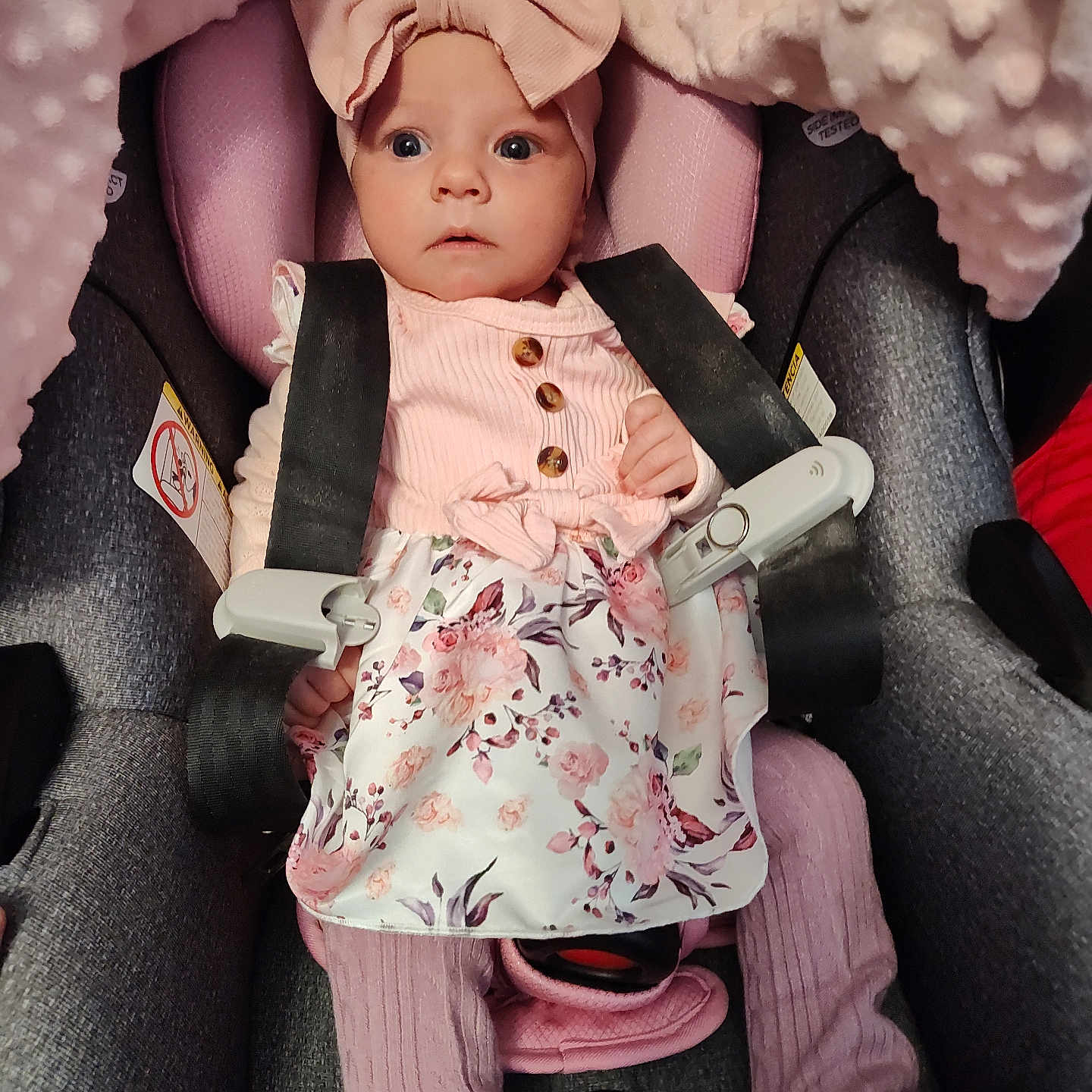 Aria joined the competition — help win amazing prizes! baby, blanket, bow, car_seat, child, cushion, cute, dress, floral_pattern, headband, indoors, infant, leggings, person, pink, portrait, safety, seat, straps, young