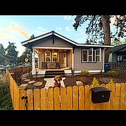 Sage is registered to the contest to win money with this photo: dog, fence, house, porch, outdoor, sunset, sky, tree, mailbox, residential, yard, plants, walkway, window, suburban, wood, animal, pet, daytime, neighborhood
