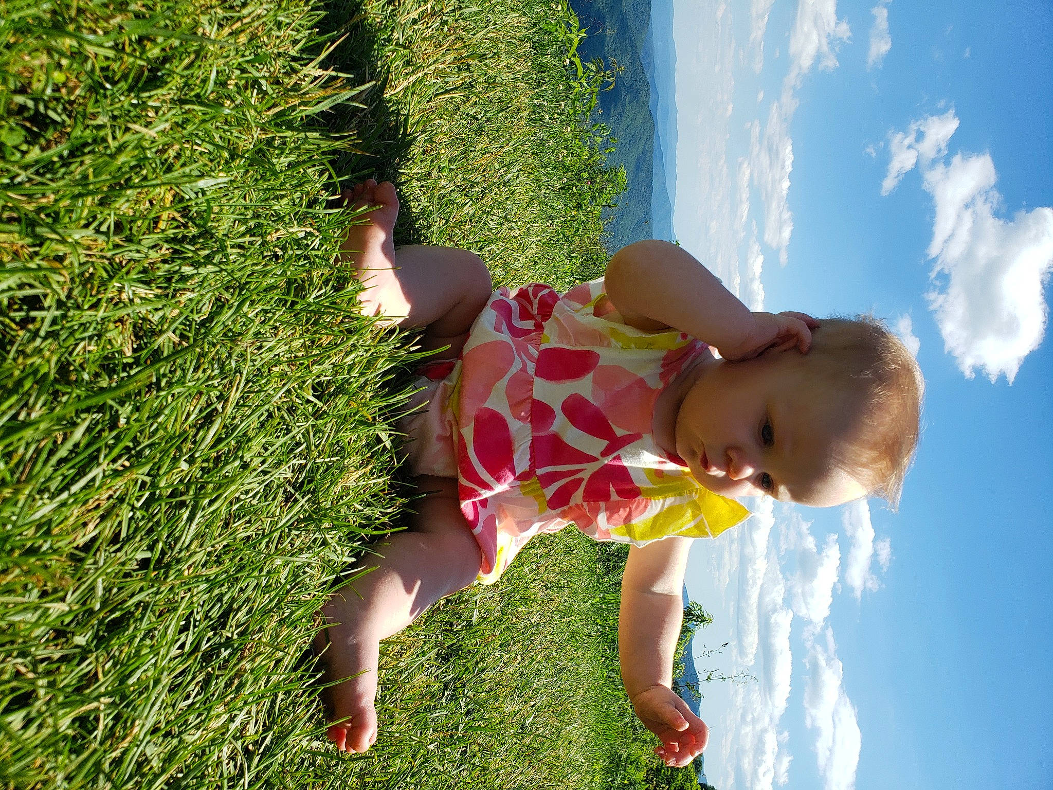 Avery joined the competition — help win amazing prizes! arm, baby, child, cloud, fun, grass, grassland, groundcover, hair, happy, human_leg, landscape, leisure, meadow, people_in_nature, person, plant, sky, toddler, tree