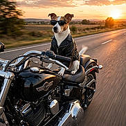 Stuart participe au concours pour gagner de l'argent avec cette photo : dog, motorcycle, sunglasses, leather_jacket, sunset, road, countryside, vehicle, biker, travel, outdoor, scenic, highway, motion_blur, dramatic_lighting, fashion, adventure, animal, harley_davidson, portrait