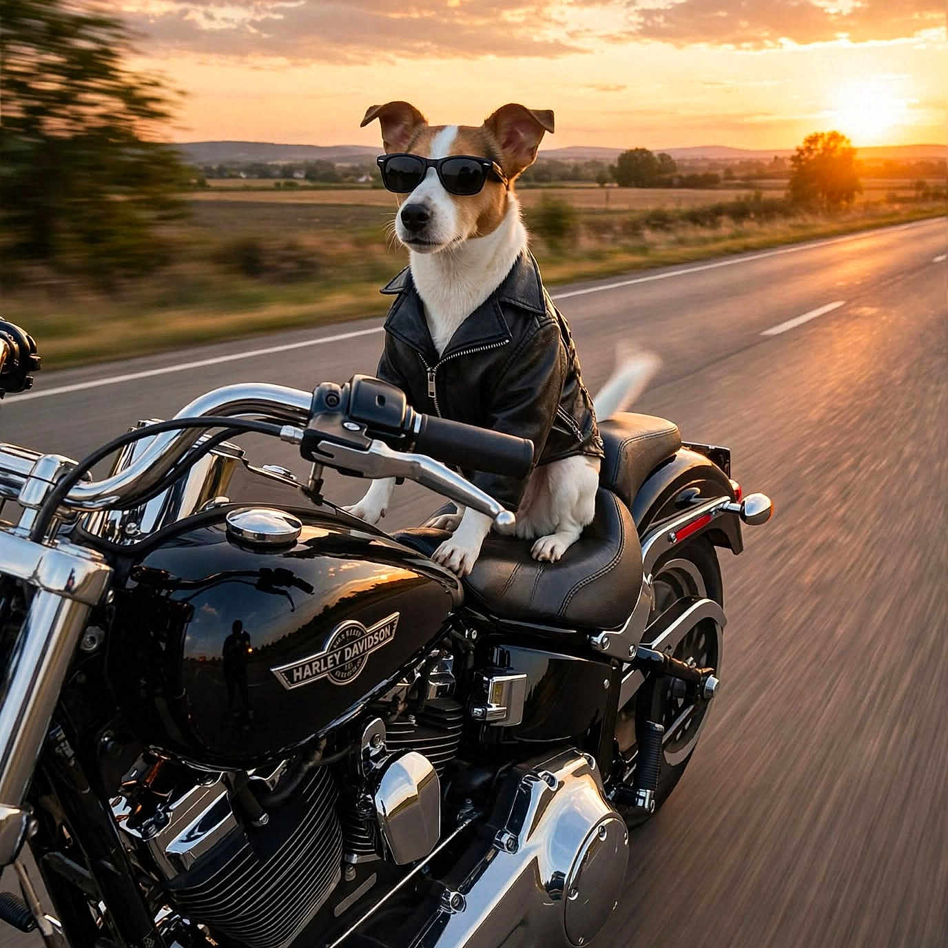 Stuart participe au concours pour gagner de l'argent avec cette photo : dog, motorcycle, sunglasses, leather_jacket, sunset, road, countryside, vehicle, biker, travel, outdoor, scenic, highway, motion_blur, dramatic_lighting, fashion, adventure, animal, harley_davidson, portrait