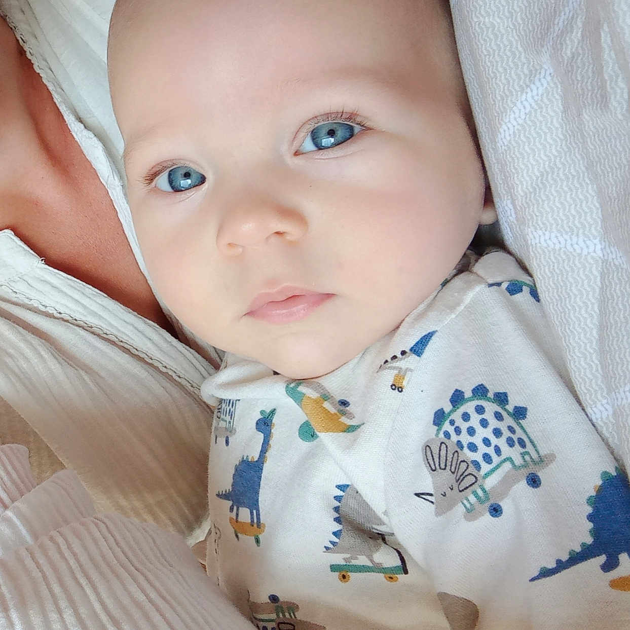 Abel a rejoint le concours — aidez-le/la à gagner de superbes lots ! baby, blanket, blue_eyes, child, closeup, clothing, comfort, cute, dinosaur_pattern, face, indoor, infant, newborn, person, portrait, skin, sleepy, soft_lighting, toddler, white_shirt