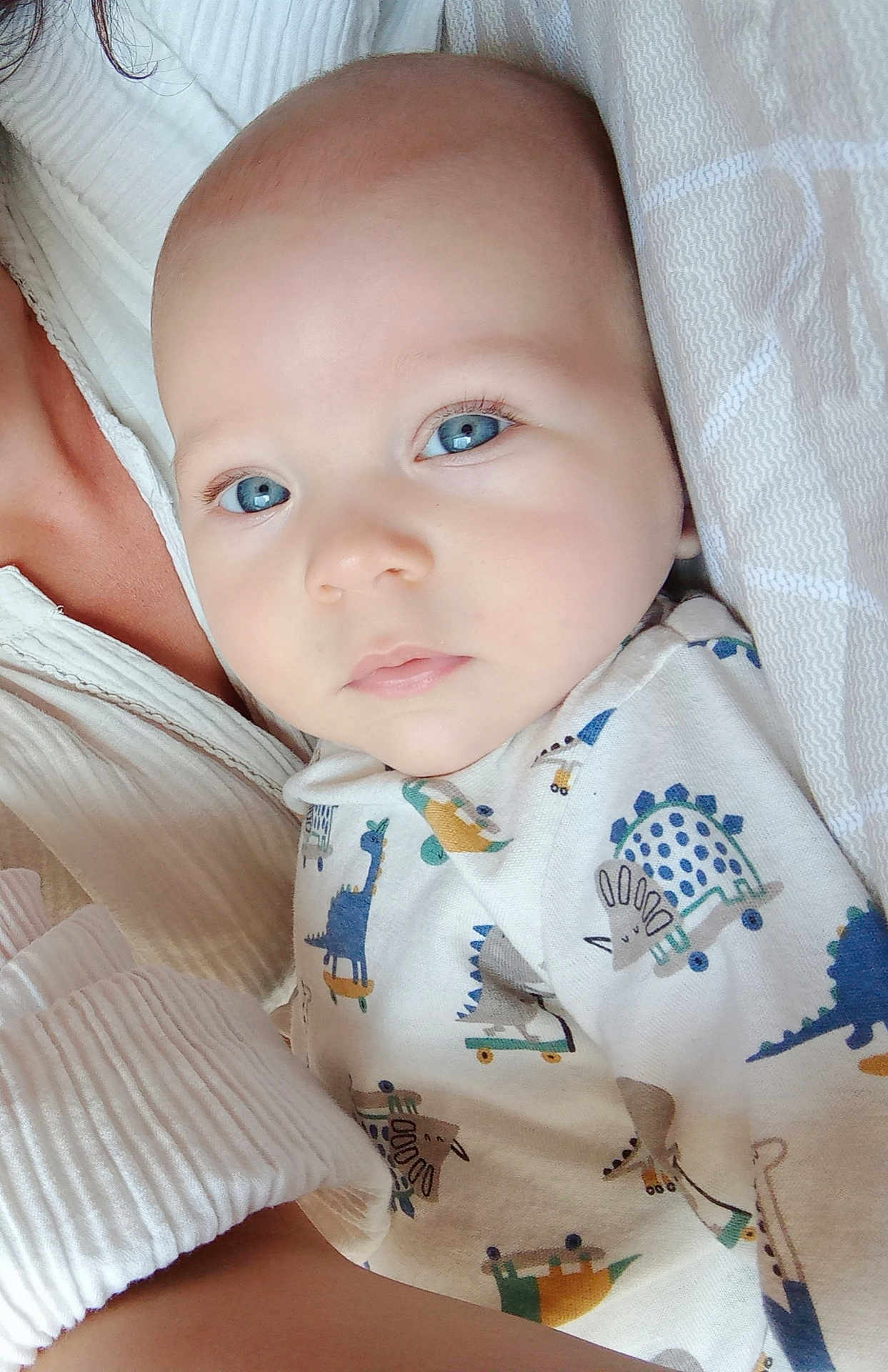 Abel a rejoint le concours — aidez-le/la à gagner de superbes lots ! baby, infant, blue_eyes, face, person, clothing, dinosaur_pattern, blanket, white_shirt, skin, portrait, closeup, cute, child, sleepy, newborn, soft_lighting, indoor, comfort, toddler