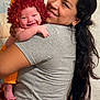 baby, woman, smile, lion_costume, hug, long_hair, happy, face, portrait, child, cute, costume, indoor, people, love, family, affection, headwear, clothing, background