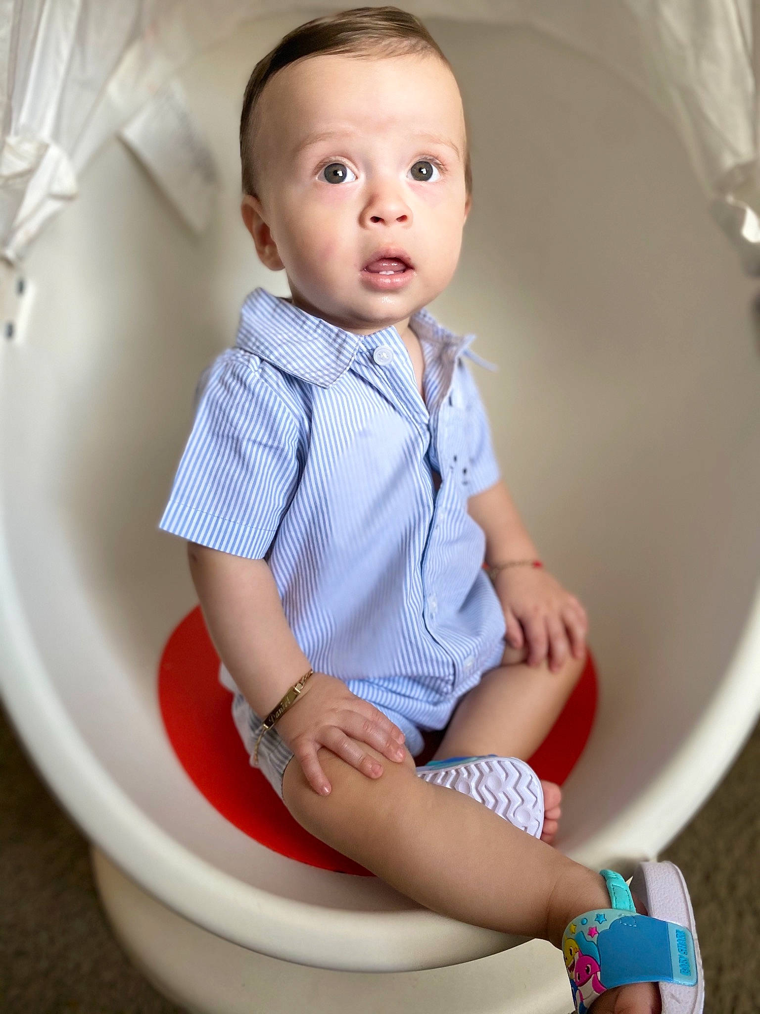 Daniel joined the competition — help win amazing prizes! baby, baby_toddler_clothing, cheek, child, collar, comfort, dress_shirt, eye, face, hair, head, joint, knee, neck, person, shorts, skin, sleeve, surprise, t_shirt