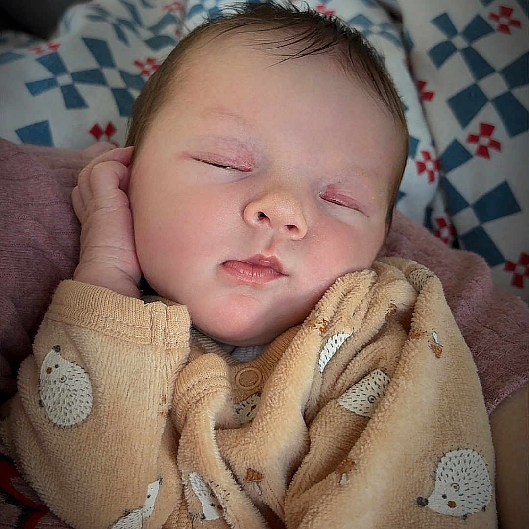 Lyana participe au concours pour gagner de l'argent avec cette photo : baby, blanket, child, closeup, comfort, cozy, cute, fabric, hand_near_face, hedgehog_pattern, indoor, infant, onesie, peaceful, person, portrait, resting, sleeping, soft, warm