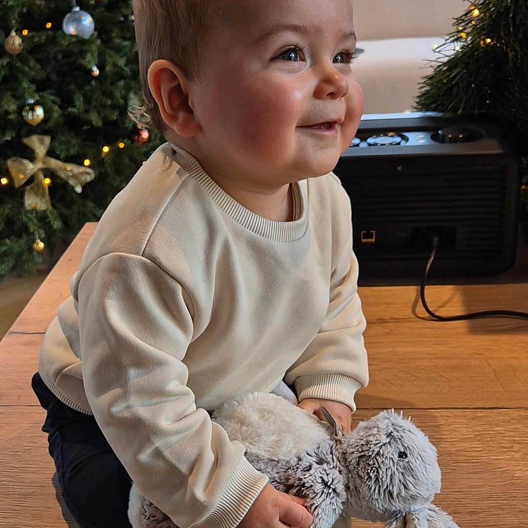 Mathéo participe au concours pour gagner de l'argent avec cette photo : baby, bunny, child, christmas_tree, cute, decorations, face, festive, happy, holiday, indoor, person, seasonal, shoe, smiling, stuffed_animal, sweater, toddler, toy, wooden_floor