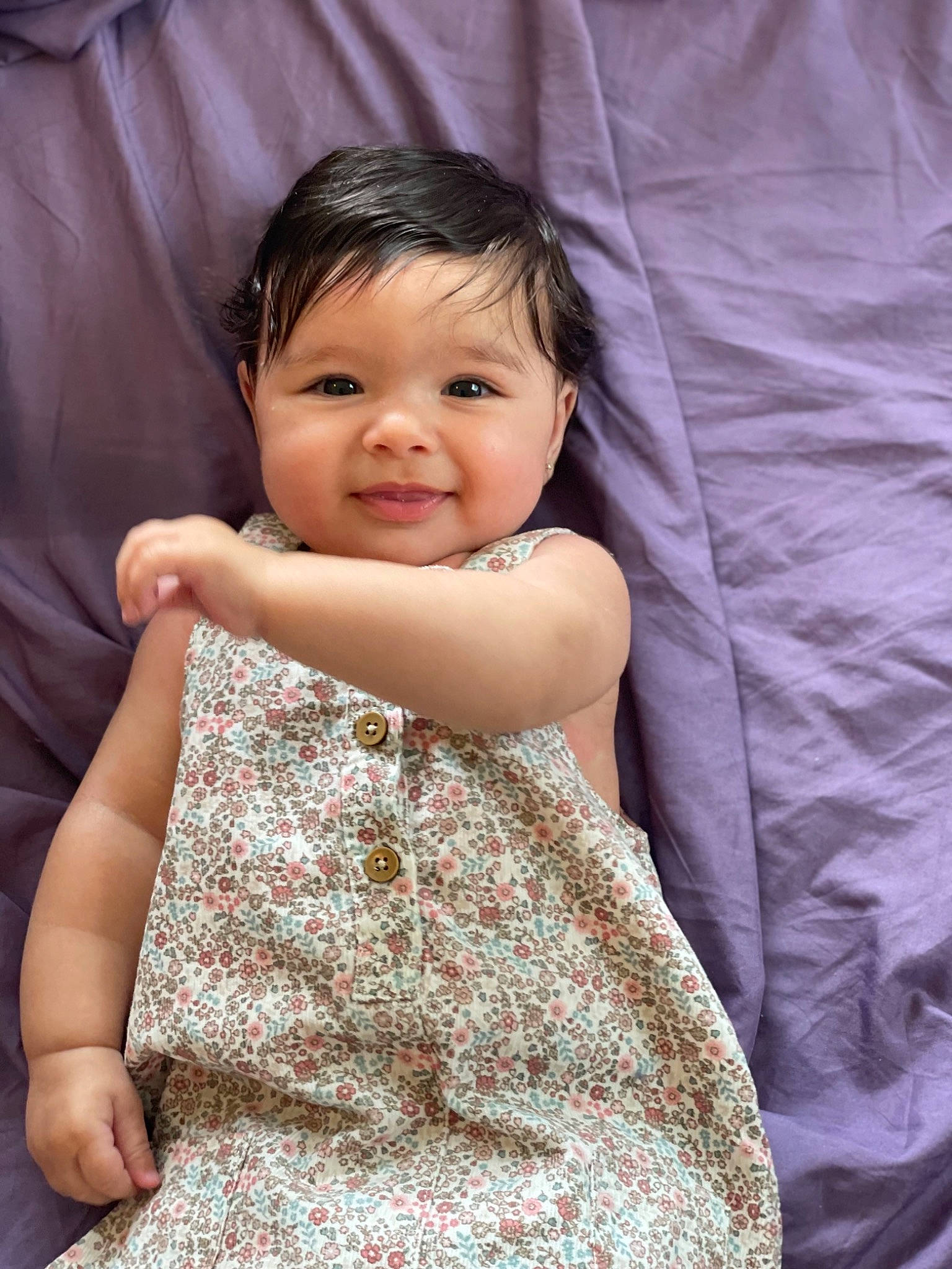 Leia joined the competition — help win amazing prizes! baby_toddler_clothing, cheek, chin, comfort, dress, face, facial_expression, finger, gesture, hairstyle, happy, head, iris, joy, neck, nose, person, skin, sleeve, smile