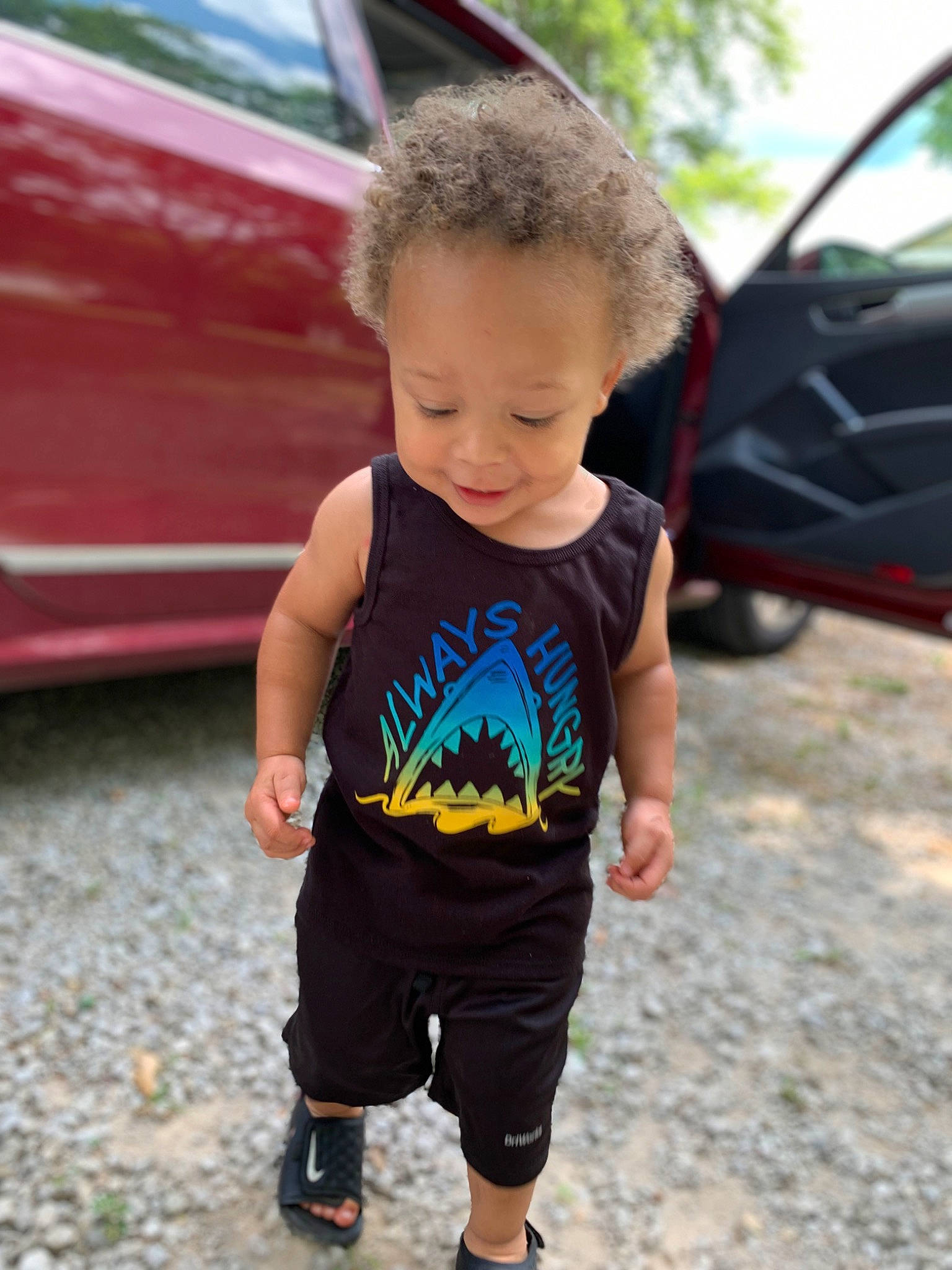 Kaiden joined the competition — help win amazing prizes! asphalt, automotive_exterior, automotive_lighting, automotive_tire, baby_toddler_clothing, car, grass, happy, leisure, mammal, motor_vehicle, person, plant, recreation, shorts, sleeve, t_shirt, toddler, tree, vehicle