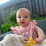 baby, child, pink_clothing, toy, yellow_toy, outdoor, garden, fence, curious, wide_eyes, infant, sitting, hand, portrait, ruffled_sleeves, soft_toy, blurred_background, cute, person, summer