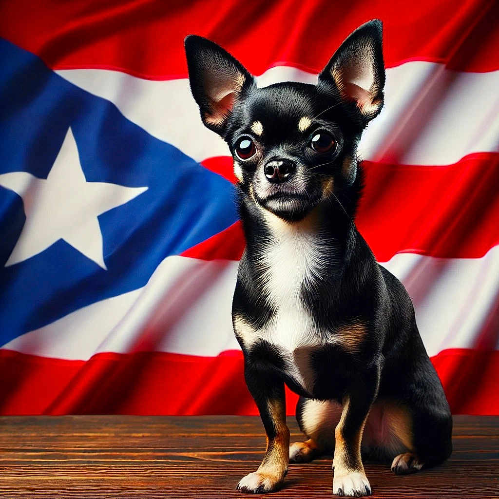 Borys is registered to the contest to win money with this photo: alert, animal, background, black_tan_white, chihuahua, closeup, cute, dog, ears_up, flag, fur, indoor, patriotic, pet, portrait, puerto_rico_flag, puppy, sitting, small_dog, wooden_surface