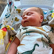 Jorah is registered to the contest to win money with this photo: baby, newborn, sleeping, infant, dinosaur_print, onesie, blanket, duck_pattern, hospital_bassinet, medical, child, cute, soft_light, peaceful, portrait, closeup, skin, face, arm, indoors