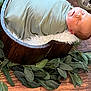 baby, newborn, sleeping, swaddled, blanket, wooden_bowl, fluffy_fabric, green_leaves, wooden_surface, cozy, peaceful, infant, portrait, resting, soft_texture, nature, indoor, closeup, cute, calm