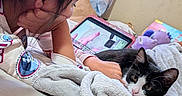 Shadow Ninja is registered to the contest to win money with this photo: child, cat, tablet, blanket, bed, indoor, relaxed, cuddling, black_and_white_cat, soft_texture, casual_clothing, technology, curtain, toy, resting, close_up, pet, comfort, sleepwear, home