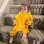 Elleigh is registered to the contest to win money with this photo: toddler, child, yellow_outfit, pacifier, stairs, carpet, indoor, baby, sitting, hair_bow, cute, portrait, person, soft_lighting, shadow, plush_clothing, sock, expression, home, young_child
