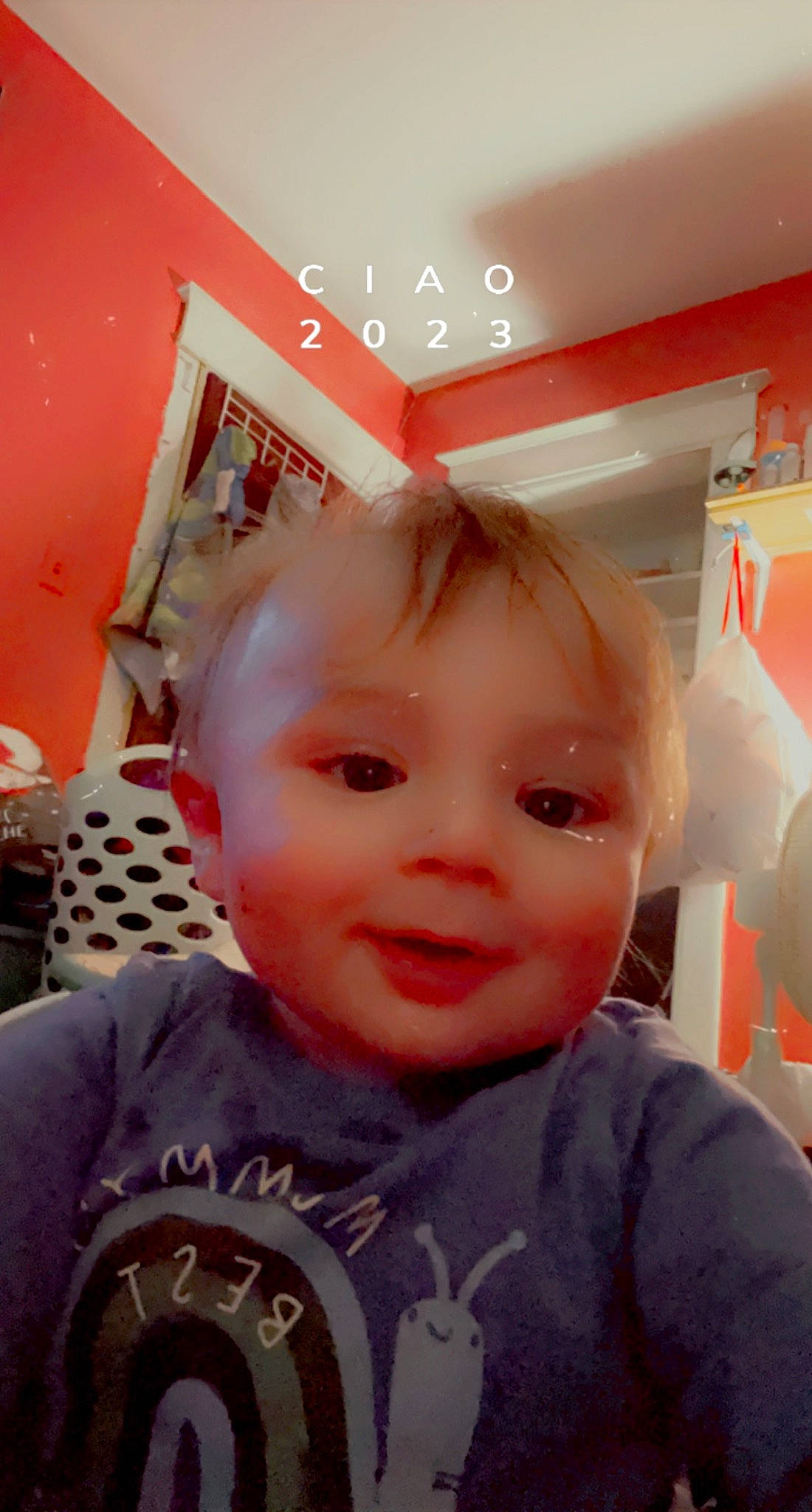 Andrew is registered to the contest to win money with this photo: baby, baby_toddler_clothing, ceiling, cheek, child, chin, eyelash, forehead, fun, happy, mouth, nose, person, room, selfie, skin, sleeve, smile, standing, t_shirt