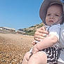 baby, child, person, hat, sunhat, beach, pebble_beach, rocks, hill, sky, outdoor, summer, sunny, holding, adult, clothing, shorts, white_shirt, expression, nature