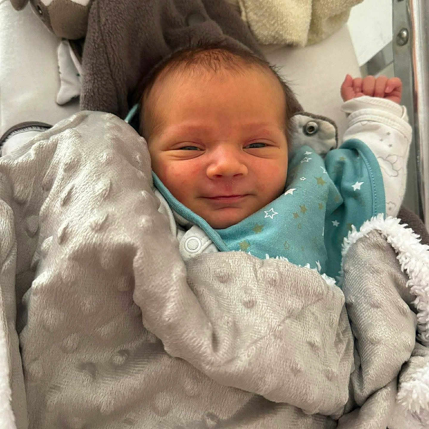 Léo participe au concours pour gagner de l'argent avec cette photo : newborn, baby, blanket, crib, smile, soft_toy, cozy, wrapped, infant, cute, face, bed, sleepwear, toddler, child, resting, indoors, comfort, person, portrait