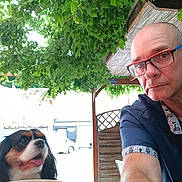 Romy participe au concours pour gagner de l'argent avec cette photo : man, dog, glasses, outdoor, green_leaves, table, wooden_structure, bowl, pet, canine, casual, selfie, summer, shade, nature, happy, portrait, animal, companion, relaxed