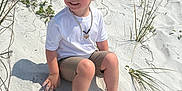 Grayson is registered to the contest to win money with this photo: child, boy, sand, beach, barefoot, grass, smile, white_tshirt, shorts, necklace, sunlight, outdoor, nature, happy, sitting, summer, casual_clothing, portrait, daylight, vacation