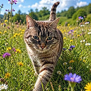 Azzaro participe au concours pour gagner de l'argent avec cette photo : cat, tabby_cat, animal, pet, feline, walking, meadow, wildflowers, flowers, daisies, greenery, outdoors, nature, summer, sunlight, blue_sky, clouds, grass, close_up, portrait