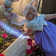 Delaney joined the competition — help win amazing prizes! baby, fairy, wings, headband, flower, outdoor, nature, sign, birth_details, glitter, sparkle, dress, purple_dress, soft_light, forest, newborn, portrait, cute, toy, magic