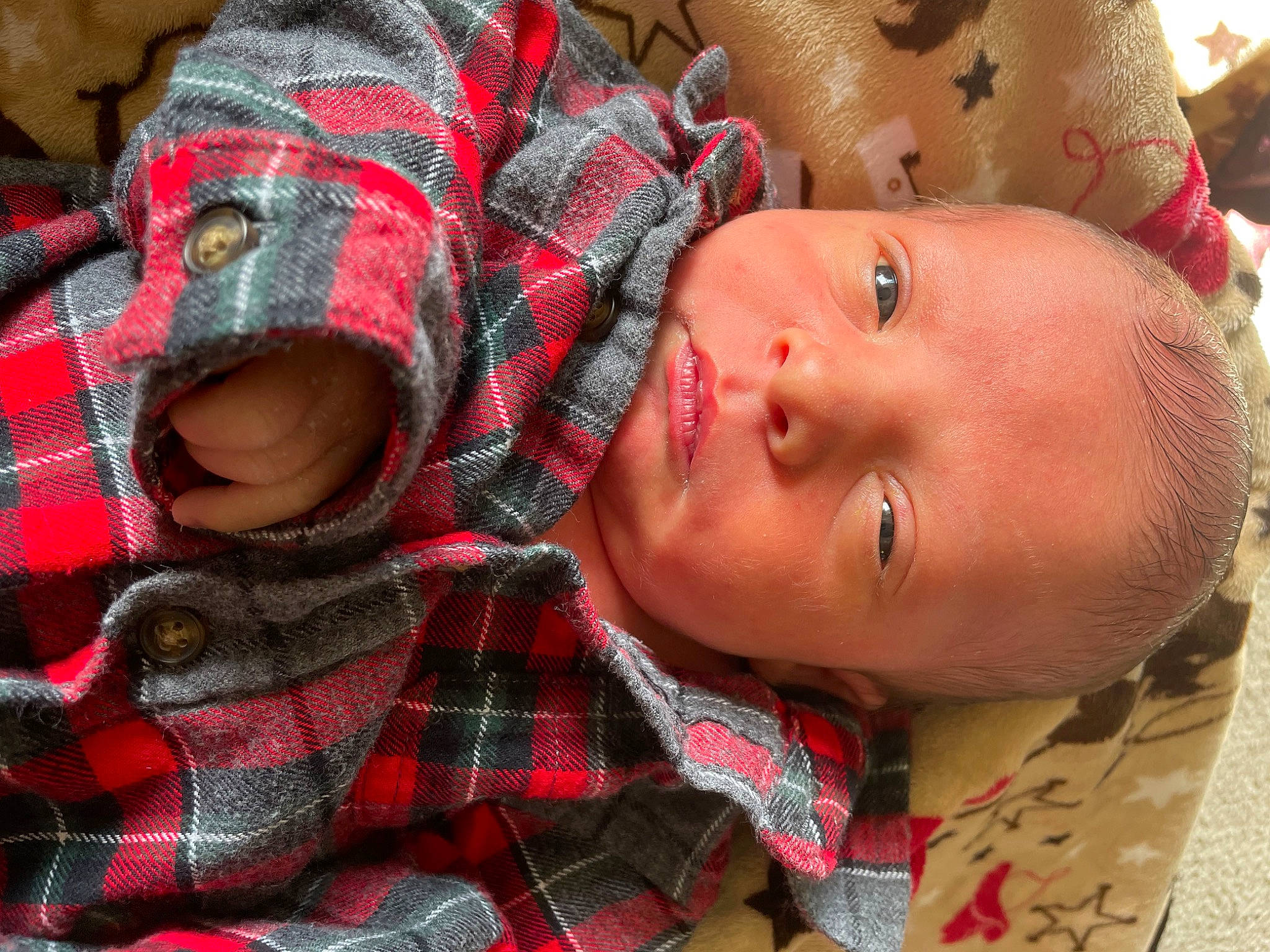 Lincoln joined the competition — help win amazing prizes! abdomen, baby, baby_products, baby_toddler_clothing, bedtime, carmine, cheek, child, doll, iris, linens, pattern, person, plaid, red, skin, tartan, textile, toddler, toy