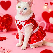 Bianca is registered to the contest to win money with this photo: adorable, blue_eye, cat, costume, cute, decorations, feline, green_eye, heart_pattern, hearts, heterochromia, holiday_theme, lights, pet, pink_background, portrait, red_dress, sitting, valentines_day, white_cat